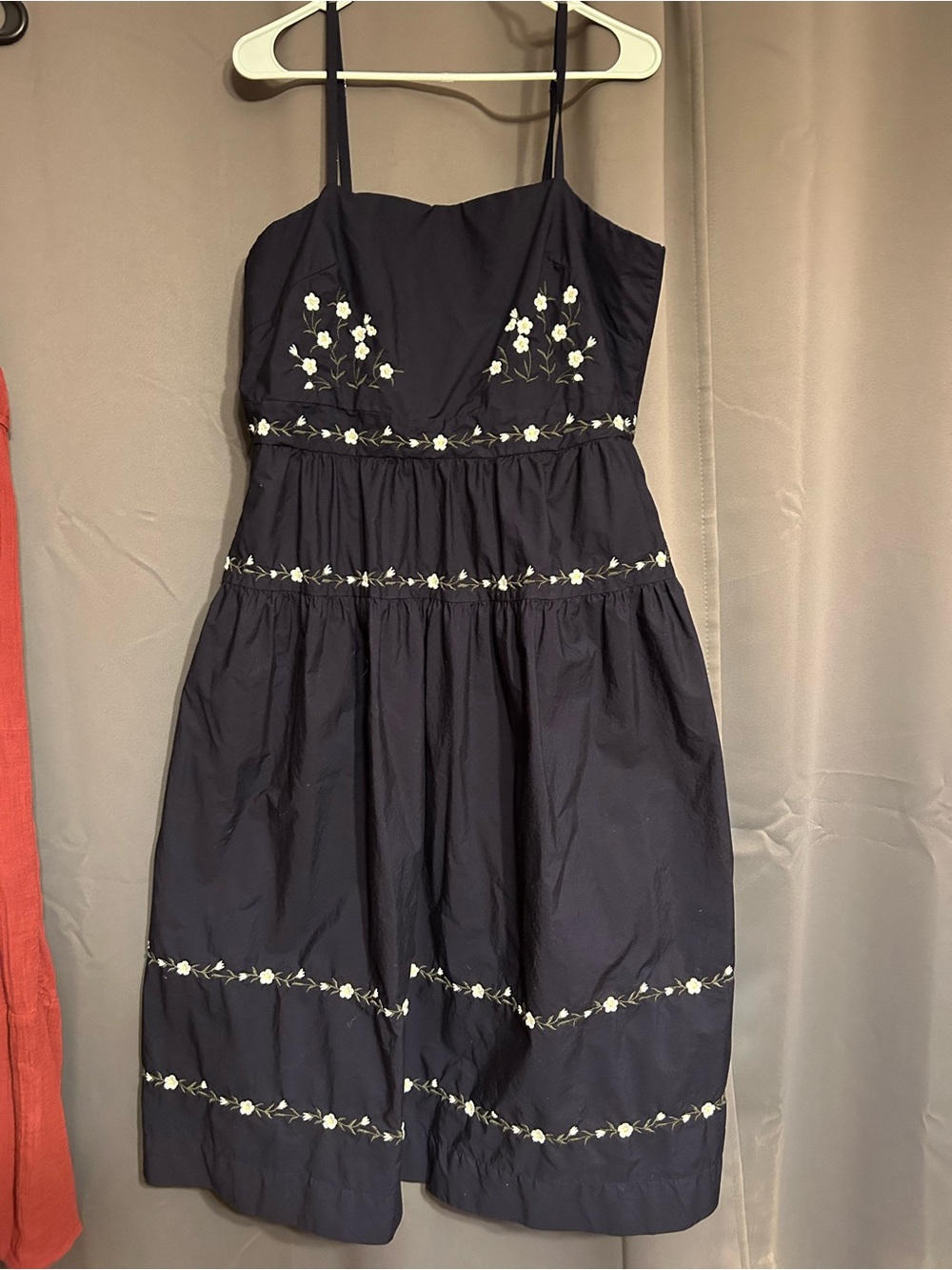 Free Assembly Navy Spaghetti-Strap Dress with White Floral Embroidery